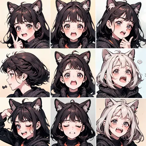cute  girls，emoji pack，cat ear，（9 emojis，emoji sheet，Align arrangement)，9 poses and expressions（Grieving，astonishment，having fun，excitement，big laughter，doubt，Angry，Touch your head，Sell moe, wait），Anthropomorphic style，Disney style，Black strokes，9 differen...