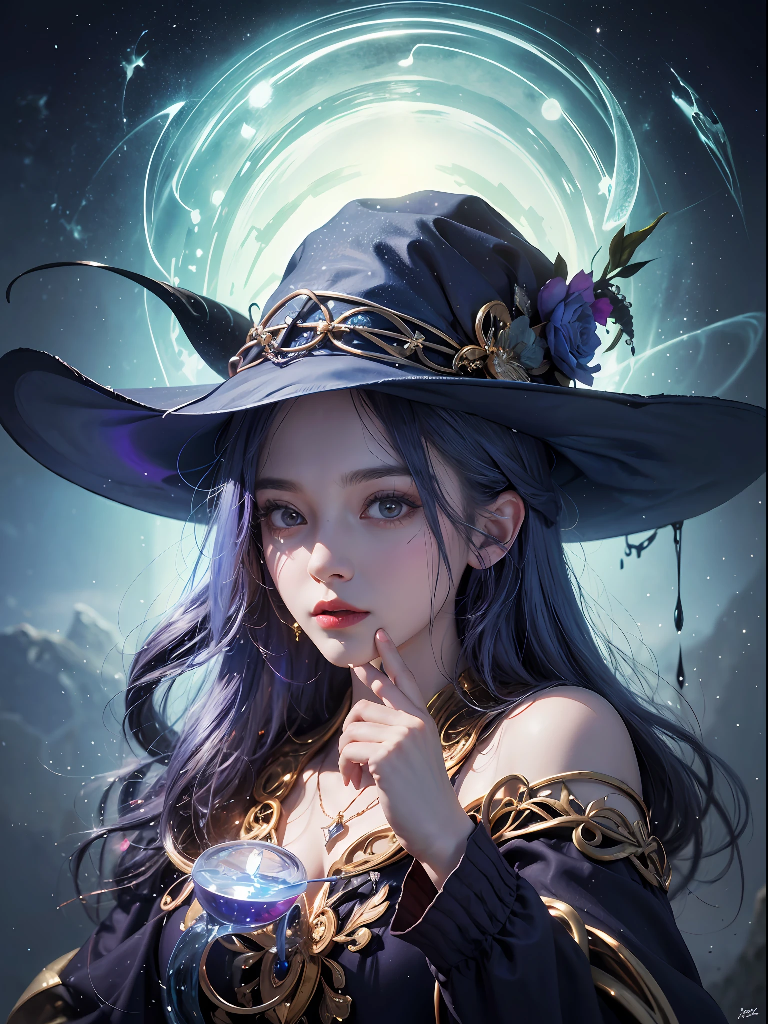 1girl, (witchcore, witchcraft, pagan, mystical, nature, occult) , magician, spell magic, magic circle, ((magic in hand)),(masterpiece, best quality:1.4),(absurdres, highres, ultra detailed:1.2),(using light magic:1.4),water magic, imaginative overlays, artistic fusion,fantastical scenes, evocative narratives, striking visuals, upper body ，(((best quality))),(((ultra detailed))),(((masterpiece)))