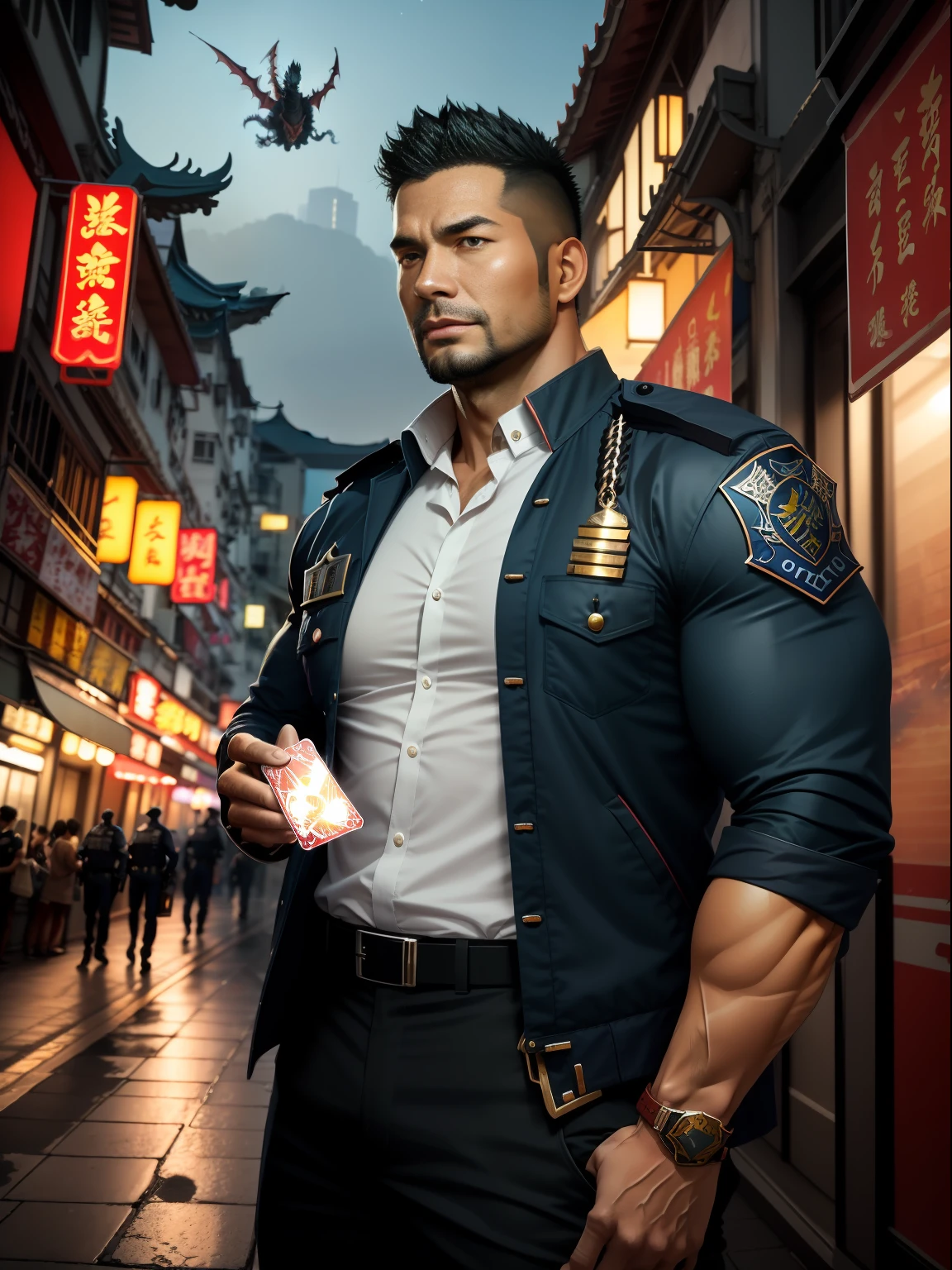 （obra maestra）(SFW) extremadamente calidad，ilustraciones súper detalladas，La ultra gran resolución，Muestra un macho guapo y maduro., Kong Lin, el oficial de policía humano de Hong Kong de 35 años，figura musculosa pesada，pelo corto y barba poco recortada，usa una chaqueta，Surrealista y encantador。Hay muchas cartas de Magic the Gathering flotando alrededor de la policía.，Al fondo hay un dragón rojo volando sobre la ciudad.。