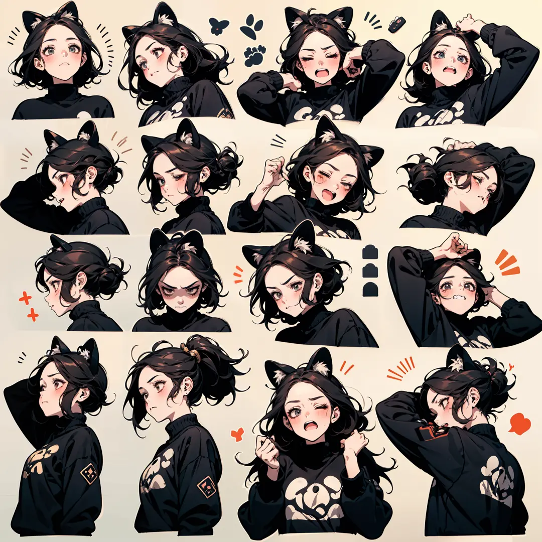 Cute girl avatar，emoji pack，（cat ear），(9 emojis，emoji sheet，Align arrangement)，9 poses and expressions（Grieving，astonishment，having fun，excitement，big laughter，doubt，Angry，Touch your head，Sell moe, wait），Anthropomorphic style，Disney style，Black strokes，Dif...