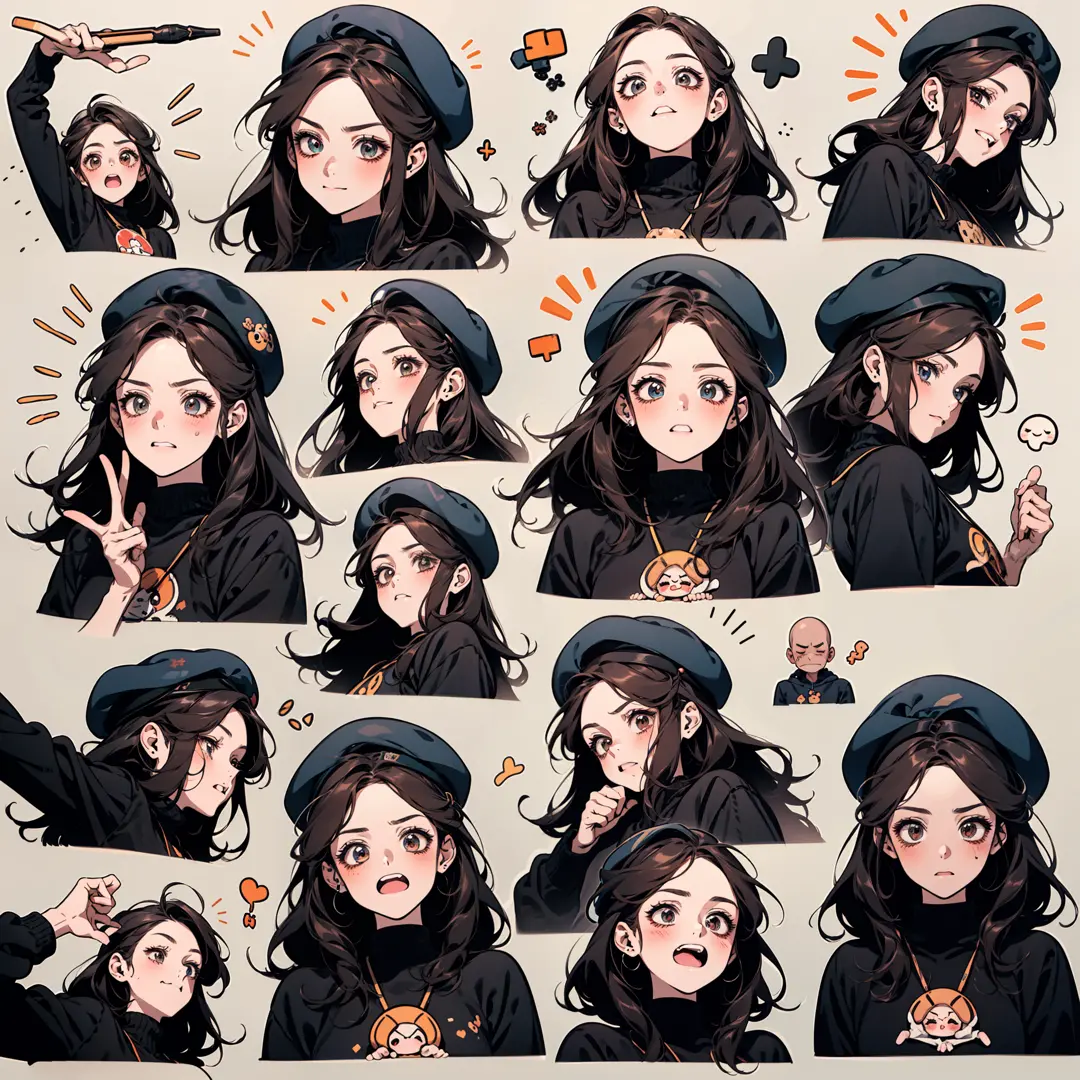 Cute girl avatar，emoji pack，（beret），(9 emojis，emoji sheet，Align arrangement)，9 poses and expressions（Grieving，astonishment，having fun，excitement，big laughter，Angry，doubt，Touch your head，Sell moe, wait），Anthropomorphic style，Disney style，Black strokes，Different emotions，9 poses and expressions，8K