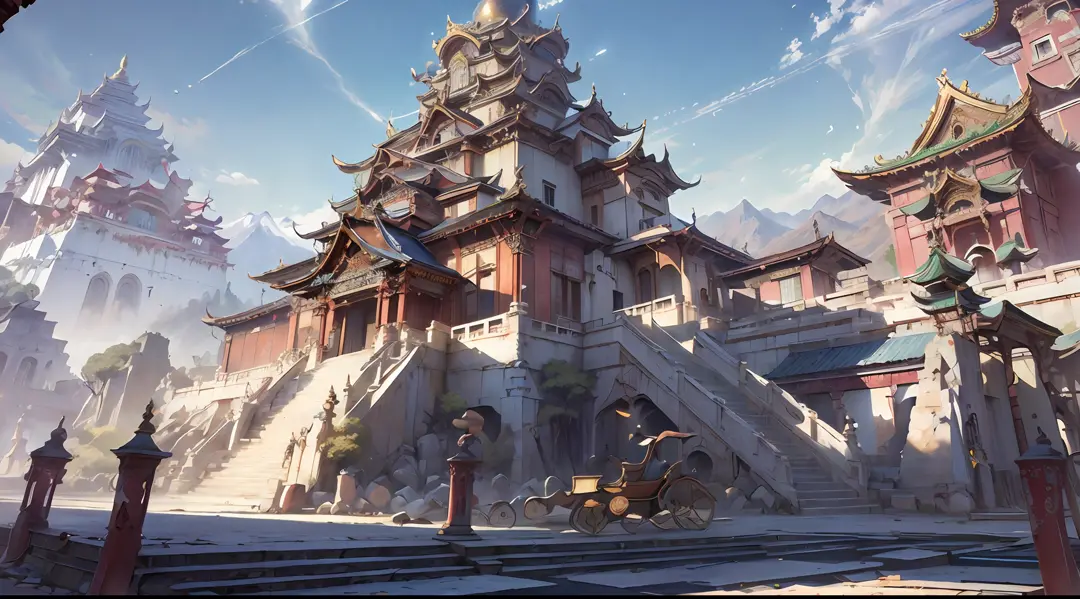 A magnificent temple on a high mountain，In front is the city in the desert，The city is dilapidated，There are stone steps crisscr...