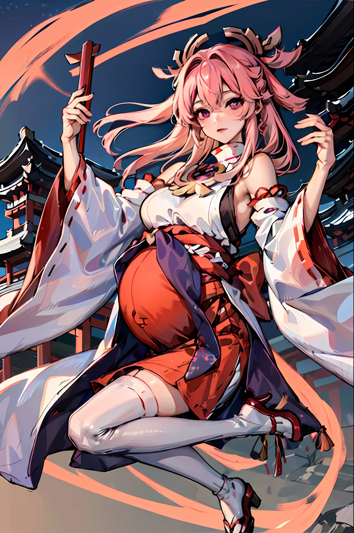 masterpiece，Best qualities，1girl，solo，shrine maiden，Non-traditional witches，a whole body，Bring your arms together，Purple eye，White stockings，strap high heelid breasts，looking at the spectator，ribbons，hairtie，Wide sleeves，east asian architecture，pregnant belly