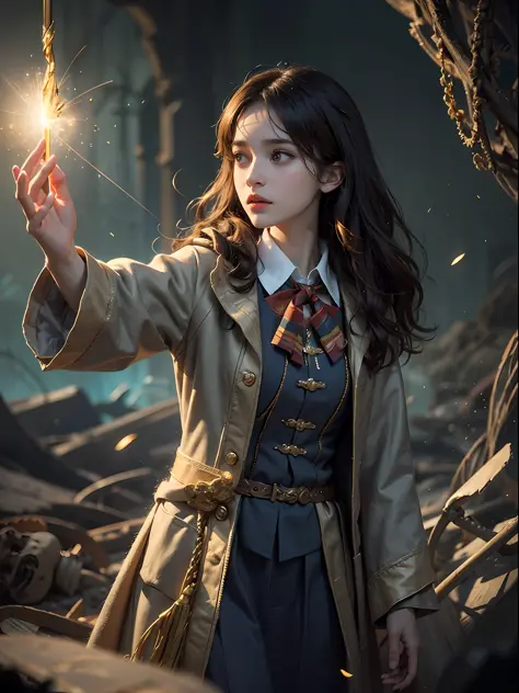 1girl, solo focus, child,  Hermione Granger，realistic， in long hogwarts robes， casting a spell, waving her wand with golden part...