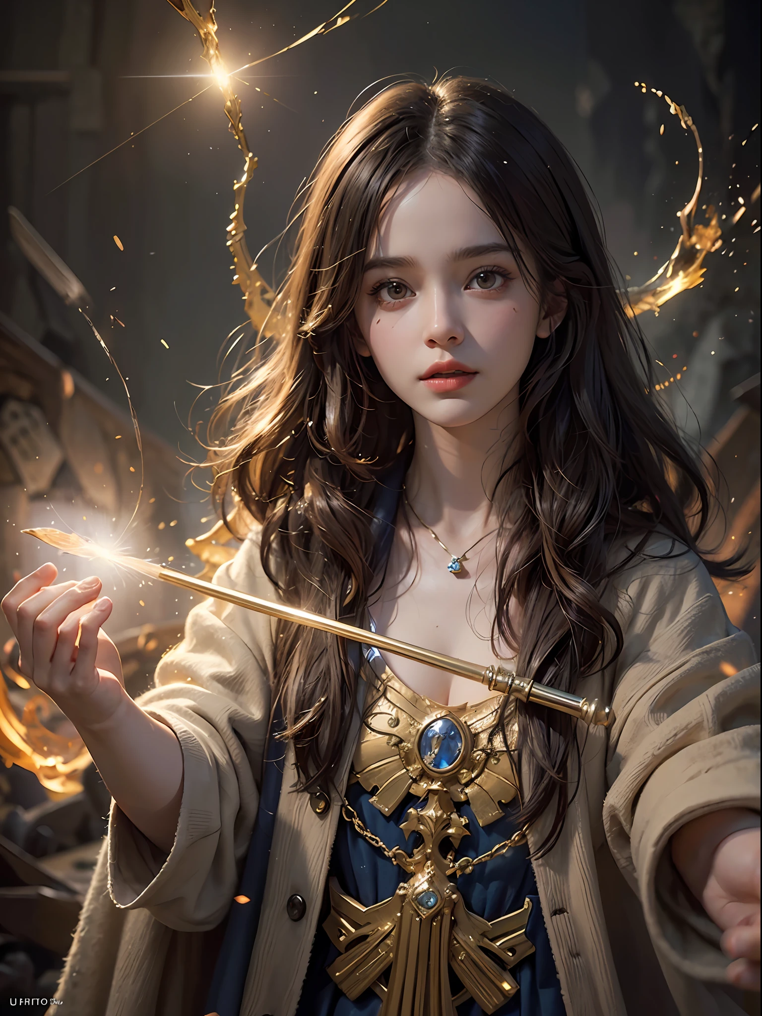 1girl, solo focus, child,  Hermione Granger，realistic， in long hogwarts robes， casting a spell, waving her wand with golden particle effects, lumos maxima against a skeleton soldier in a dark cave, cinematic lighting, trending on ArtStation, by Irakli Nadar, Greg Rutkowski，(((best quality))),(((ultra detailed))),(((masterpiece)))