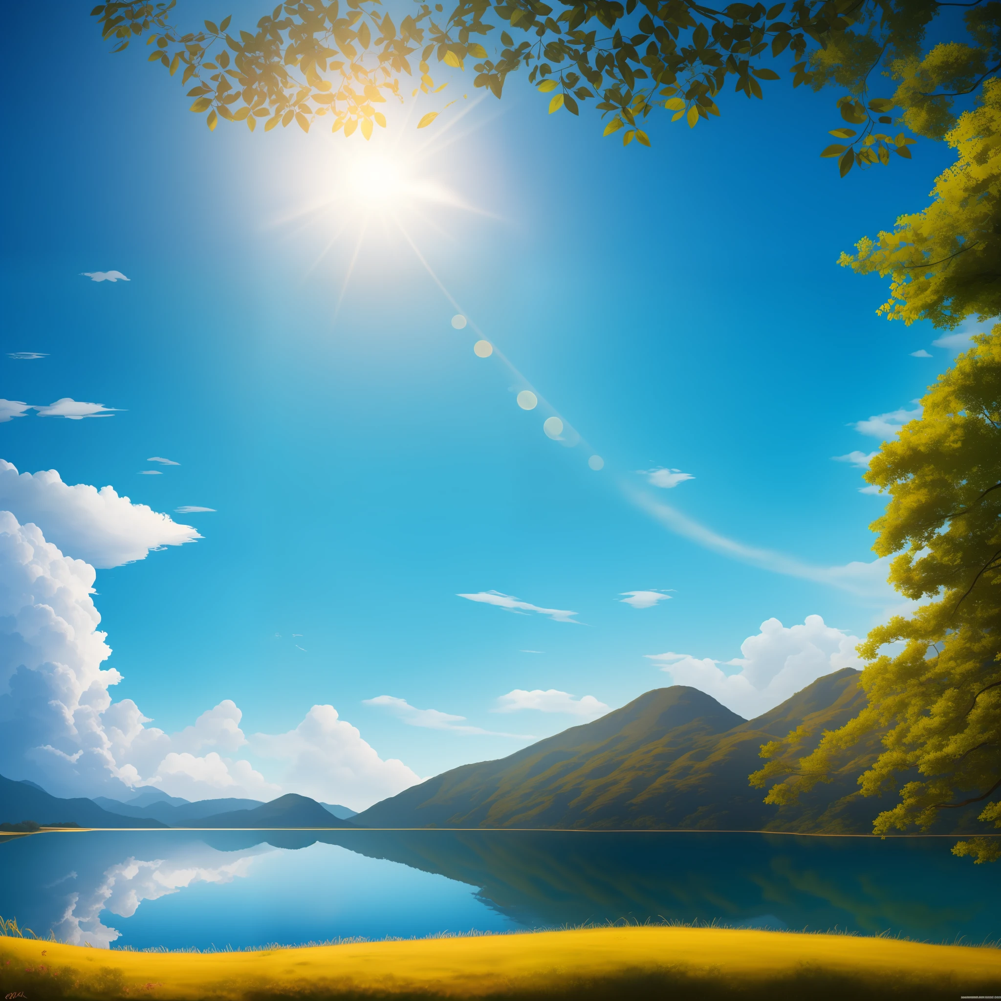 "((傑作)), より良い品質, 超現実的な, 青い空と美しい自然の風景の高解像度 4k 壁紙, 日光, 「おはよう」の形をした雲, シーンのリアルで詳細な表現."