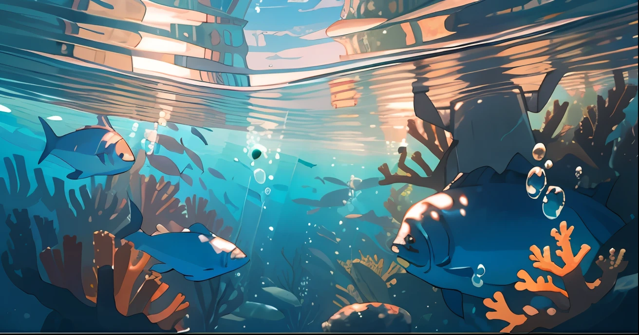 This is a game design scenario， under the water， Bubbles，seaweed， coral， The sunlight， air bubbles，the golden hour, Cinematic lighting effects，（（tyndalleffect））），（extreme wide angle：1.5）,Perspective painting，best qualitiy，Master masterpieces，Ultra HDR,