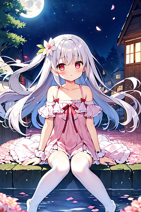 (sitting),(bow),(silver hair),(long hair),(light red eyes),hreat in the eyes,(white fourpetal flower hair ornament:1.1),(blush),...