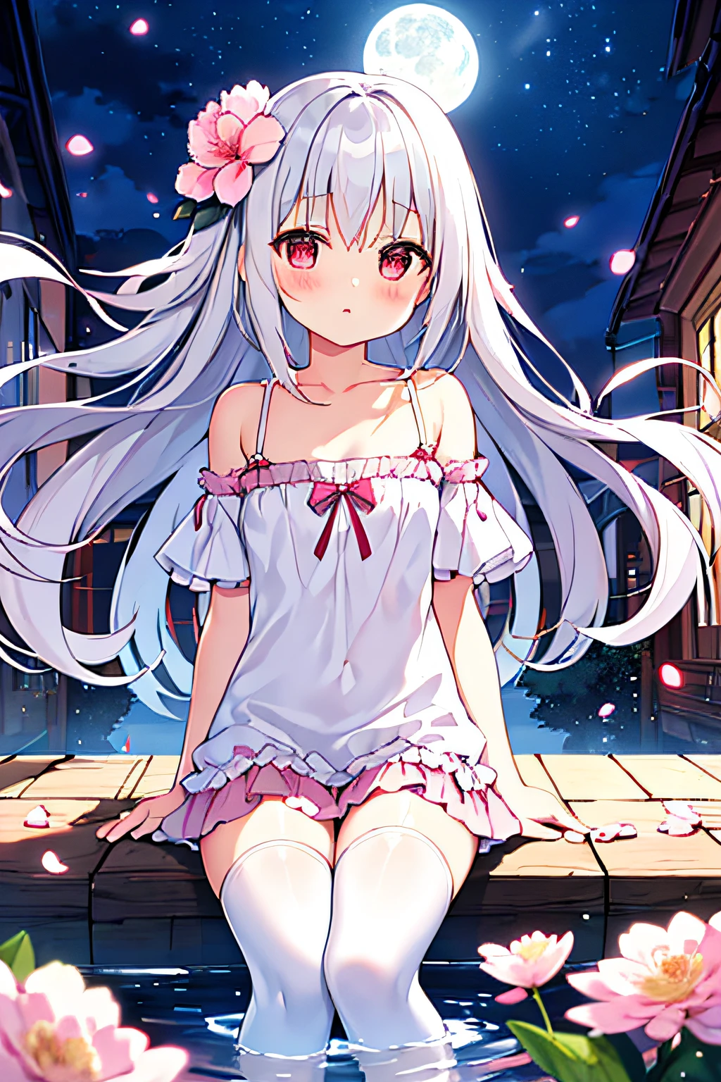 (sitting),(bow),(silver hair),(long hair),(light red eyes),hreat in the eyes,(white fourpetal flower hair ornament:1.1),(blush),bangs,(a girl in[(nightdress):(((no socks))):0.4]:1.2),(bare shoulder),collarbone,(white thighhighs:1.2),frilled sleeves,looking at viewer,[(night:1.2),peaceful,sky,((full moon)),stars,house,town,(in a courtyard),water drop,pond,(near by the pond),tree,flower request,wind::0.6],(lridescent light refraction),(floating pink petals:1.2),dreamy