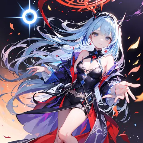 a  girl、blue hairs、multicolored eyes、resplendent、Diadem、Blue Eye、purple colored eyes、Red eyes、bare shoulder、Devil's Eye、magical circle、Particles of light、light ray、wall paper、PC Wallpapers、