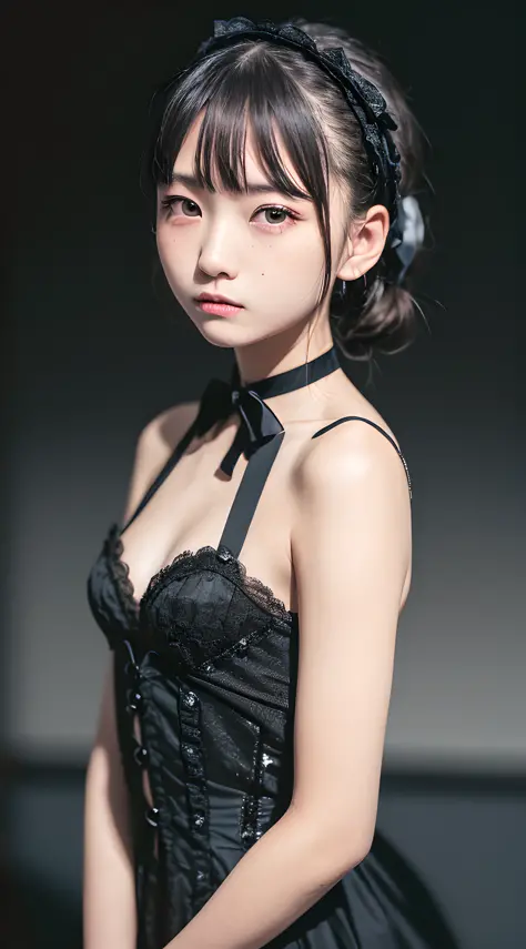 (masterpiece, best quality, close up face:1.5), (side shot:1.4), beautiful girl, gardeniass, 8k, 50mm portrait, raw photo, absurdres, (lolitagothic, victorian, black big ribbon:1.2), black dress, from above, delicate girl, 14yo, large breasts, (thin arms, ...
