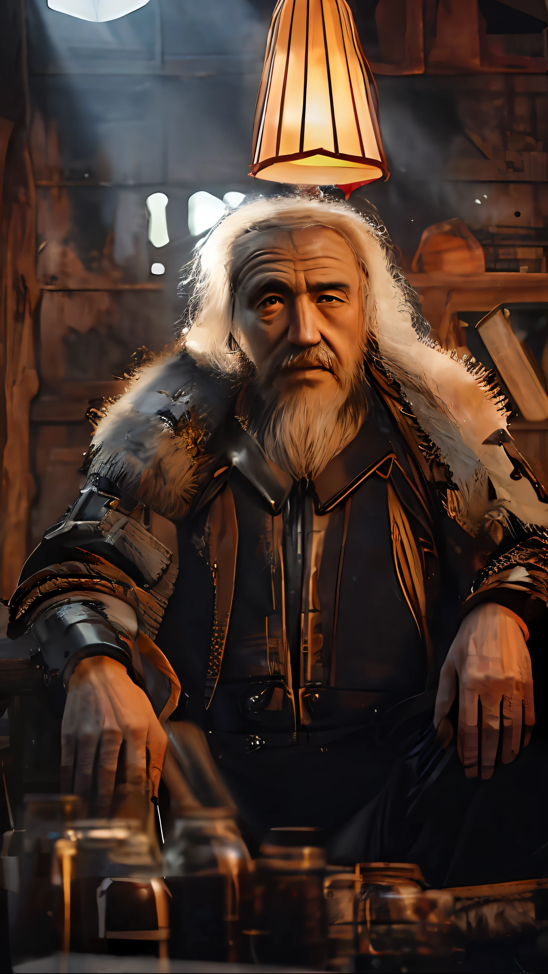 un vieil homme assis dans une pièce avec beaucoup de bocaux, un vieil homme, vieux cowboy dans l&#39;Arctique, photo portrait d&#39;un vieil homme, Vieil homme sage, extrait d&#39;un film d&#39;action en direct, vieil homme cyberpunk, inspiré par Hu Zaobin, vieil homme, Inuk, mongol, cinématique. auteur：Leng Jun, inspiré de Wu Daozi --auto