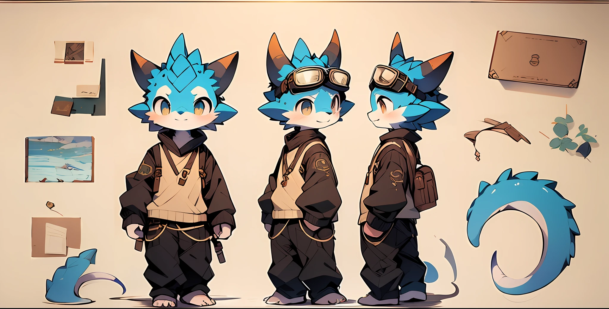 drak， Light blue scales， Q version， Cutes， to stand， Master masterpieces， highly resolution，8K，detailedbackground，hight quality，Libido boy，（by Dagasi：1.1），独奏，( ( characterconcept art，reference sheet，individuality，character design sheet) )，(mandara，satchel，mailman，correspondence，protective goggles，A barefoot：0.6)，