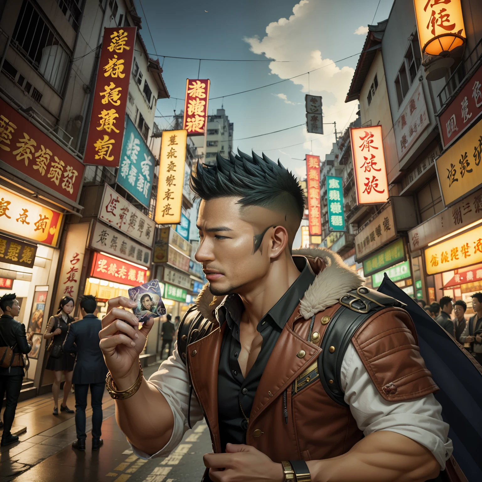 (鉅作) 品質極高, 超詳細的插圖, 超高解析度, 詮釋35歲香港偵探孔林帥氣形象, 誰成熟成熟。肌肉平均數，短髮及鬍渣修剪不當，裝扮在超現實的城市。魔法聚會卡牌漂浮在他周圍，紅龍悠然飛過。背景細節精緻，場景超現實，創造迷人的圖形風格。