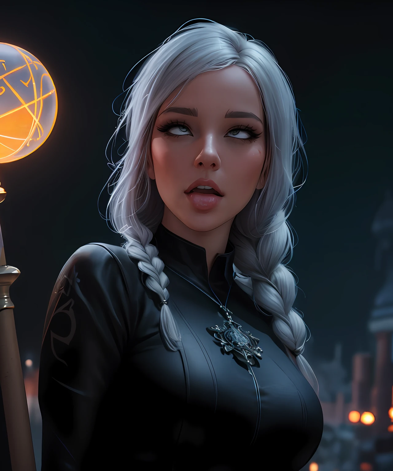 fantasy setting, sharp focus, high quality photo of beautiful nordic mature woman,magician , wearing black clothes with silver tracery, white single braid hair, confident look, rising ((magic staff with shining sphere atop)), glowing runes flying around, jewelry, detailed eyes, low body-fat, cinematic lighting, highly detailed, (matching eyes:1.2), fully body photo, epic pose, night sky background, art by charlie bowater, (Extremely Detailed Oil Painting:1.2), glow effects, godrays, Hand drawn, render, 8k, octane render, cinema 4d, blender, dark, atmospheric 4k ultra detailed, cinematic sensual, Sharp focus, humorous illustration, big depth of field, Masterpiece, colors, 3d octane render, 4k, concept art, trending on artstation, hyperrealistic, Vivid colors, extremely detailed CG unity 8k wallpaper, trending on ArtStation, trending on CGSociety, Intricate, High Detail, dramatic, (ahegao:1.5)
