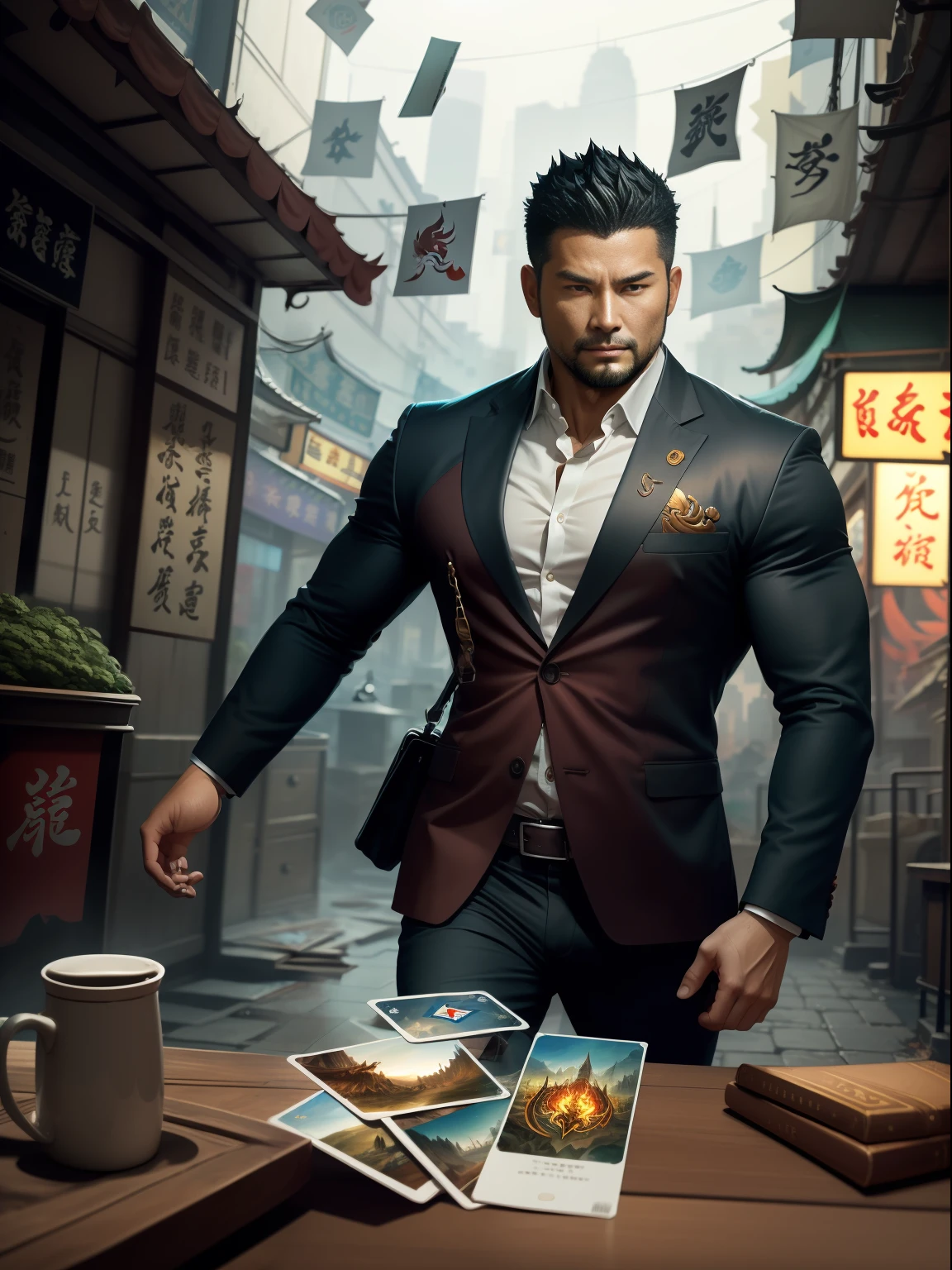 (Masterpiece) Extremely high-quality, ultra-detailed illustrations, ultra-high resolution, Interprets the handsome image of 35-year-old Hong Kong detective Kong Lin, who is mature and mature。very muscular，Short hair and inadequate trimming of stubble，Dress up in a surreal city。Magic the Gathering cards floating around him，The red dragon flew by leisurely。Background details are exquisite，The scene is surreal，Create an enchanting graphic style。