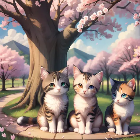 Row of cherry blossom trees, calico cat