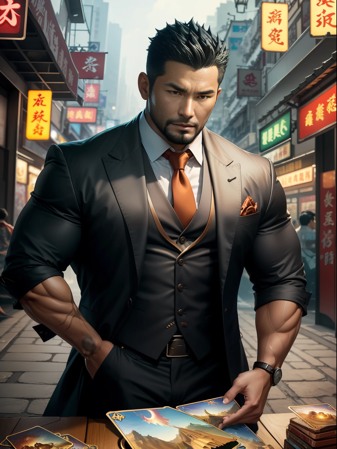 (Masterpiece) Extremely high-quality, ultra-detailed illustrations, ultra-high resolution, Interprets the handsome image of 35-year-old Hong Kong detective Kong Lin, who is mature and mature。very muscular，Short hair and inadequate trimming of stubble，Dress up in a surreal city。Magic the Gathering cards floating around him，The red dragon flew by leisurely。Background details are exquisite，The scene is surreal，Create an enchanting graphic style。