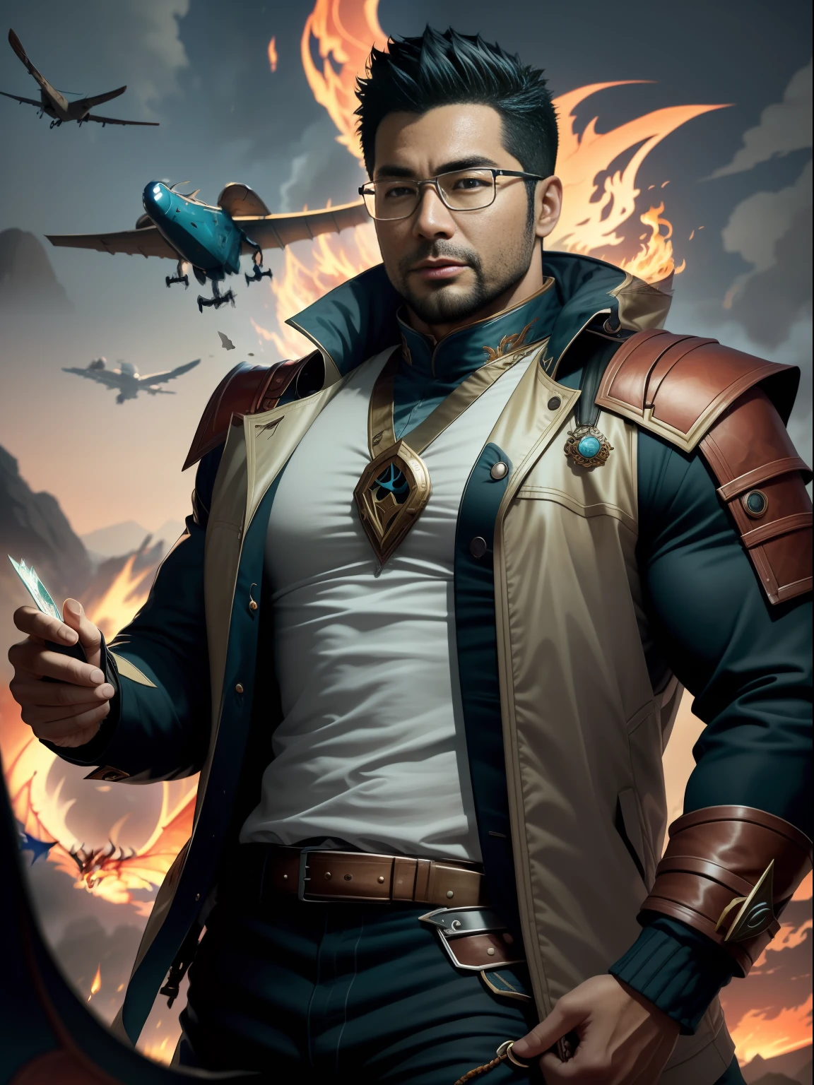 (Masterpiece) Extremely high-quality, ultra-detailed illustrations, ultra-high resolution, Show a handsome and mature male, 35-year-old human Hong Kong writer Kwok Lung, Muscular average figure, short hair and under-trimmed stubble, wear glasses and a jacket, Surreal and charming. There are many Magic the Gathering cards floating around him. In the background is a red dragon flying over the Dreamlands., tachi-e, pov, atmospheric perspective