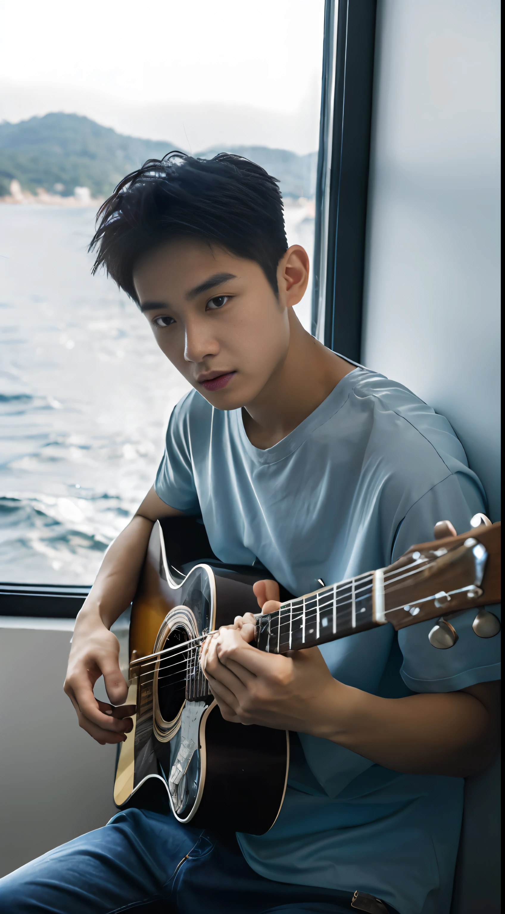 （1 Chinese boy：1.5），Men playing guitar by the sea，phuket，Light on the face,photo of a realistic，light and darkcontrast，photo of a realistic，Textured skin，Look into the camera，18-year-old boy，studio，mannequin，clong legs