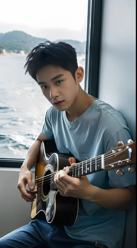 （1 Chinese boy：1.5），Men playing guitar by the sea，phuket，Light on the face,photo of a realistic，light and darkcontrast，photo of ...