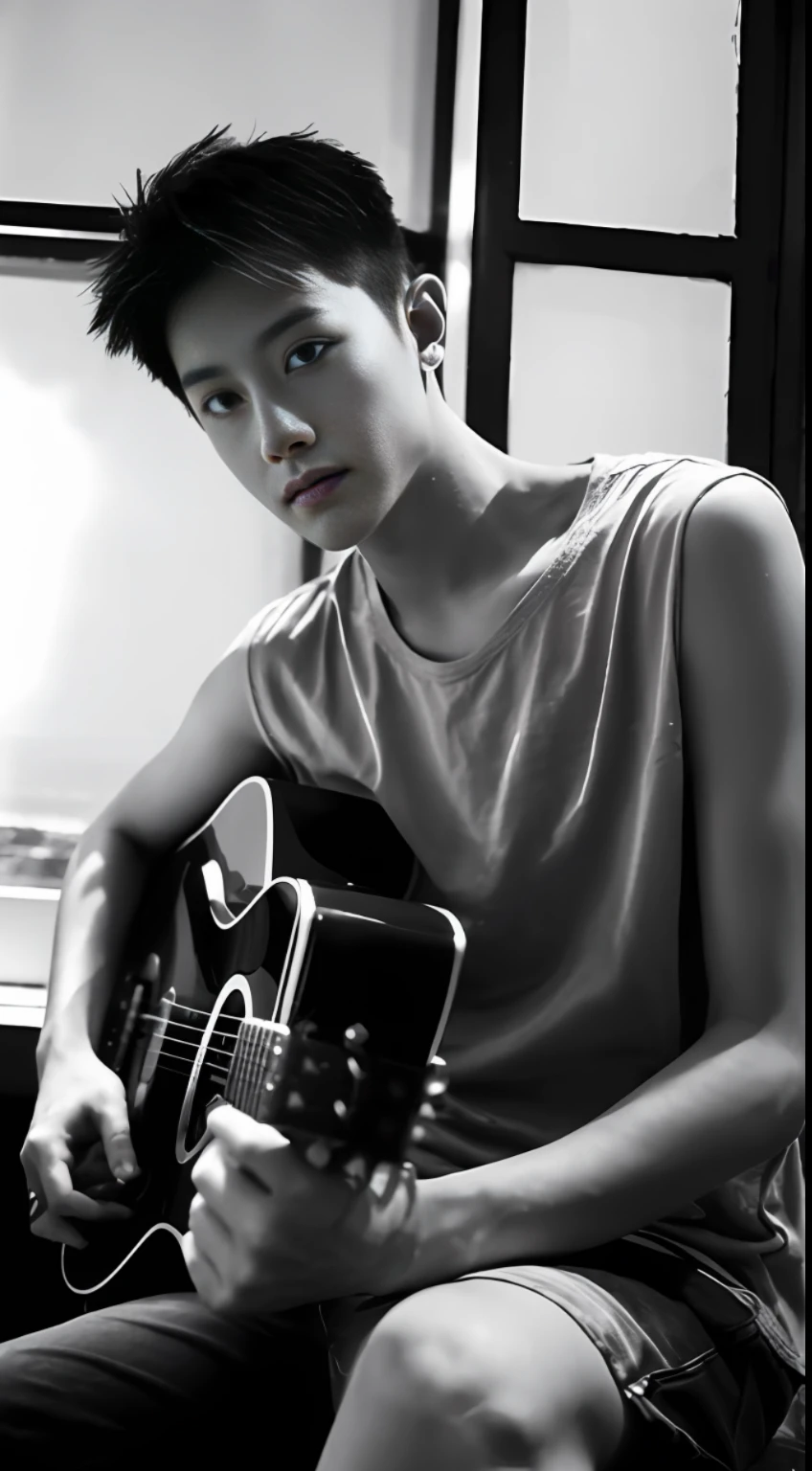 （1 Chinese boy：1.5），Men playing guitar by the sea，phuket，Light on the face,photo of a realistic，contrasts of light and shadow，photo of a realistic，Textured skin，Look into the camera，18-year-old boy，studio，mannequin，clong legs