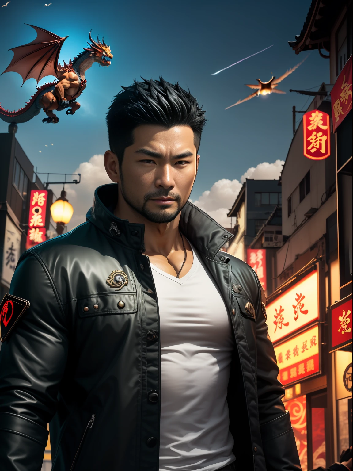 （nmasterpiece）(sf) Extremely quality，Super detailed illustrations，The ultra-great resolution，Show a handsome and mature male, 35-year-old human Hong Kong writer Kong Lin，Muscular average figure，short hair and under-trimmed stubble，Wear a jacket，Surreal and charming。There are many Magic gathering cards floating around him，In the background is a red dragon flying over the city。