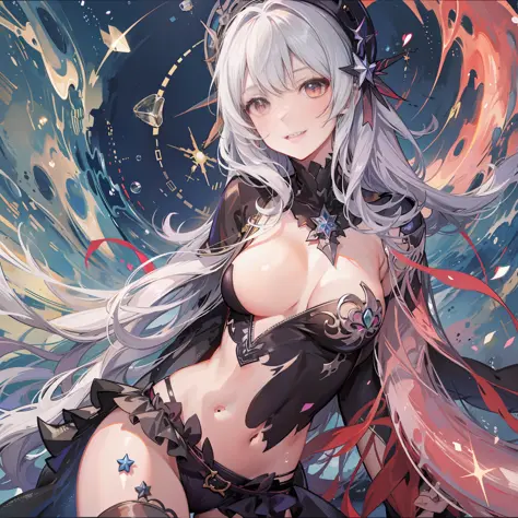 1girls,Large breasts,Cleavage,Body_unite,,mechanical tentacles, Heart-shaped pupil, Light Smile, White_hair,