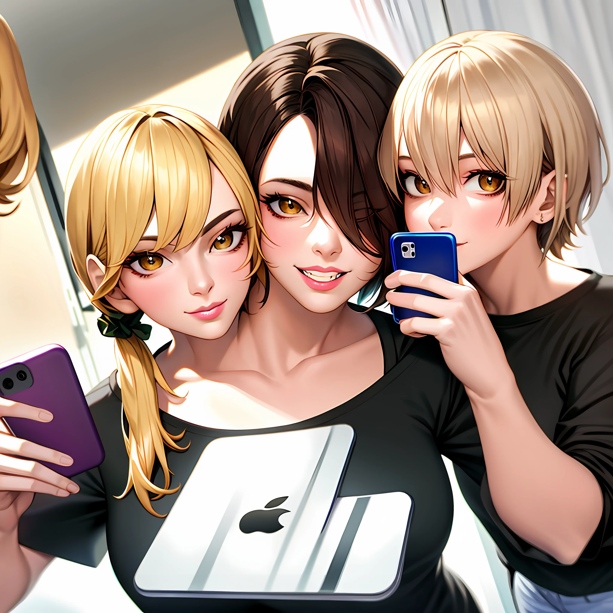 2heads,brown hair, blonde hair, breasts, shirt, selfie, phone, twintails, long hair, short hair,holding, holding phone, cellphone, large breasts, looking at viewer, black shirt, t-shirt, 2girls, 1girl, multiple girls, brown eyes, smartphone, mirror, lips, smile, realistic