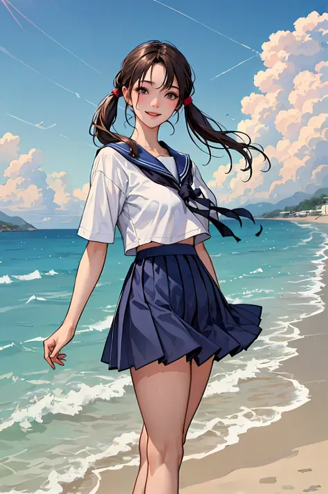 (Masterpiece:1.2, Best Quality), (real picture, Intricate details), (独奏, midium full shot , Big, thights, 32 k, detailed facial portrayal、Colossal breasts, Good style, Beautiful legs, Plump, Nipple and crotch shape),highschool girl、Sailor suit and top and ...