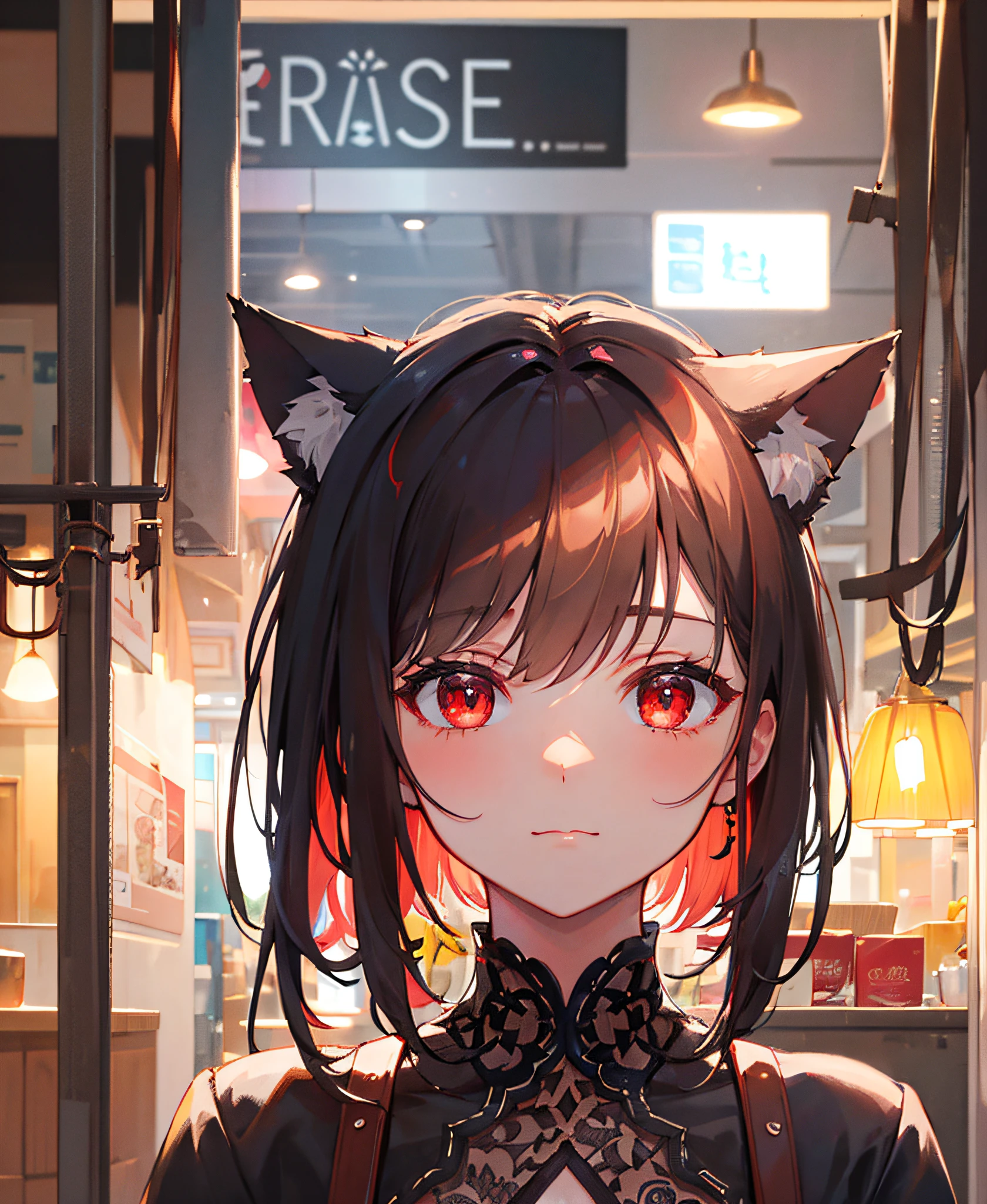 (masterpiece), (best quality), (intricate_details:1.1), (finely detailed:1.4), (distinct_image:1.2), (cafe background), solo girl, cute, (face focus), shiny red eyes/black hair, cat ears, vine, smooth lighting, shirt,