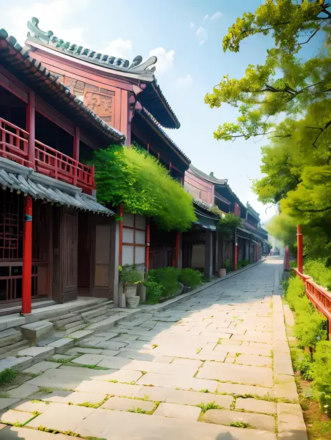 jiangnan ancient town，flowers grow on both sides of the road，colorful，very beautiful，a tranquil，ultra-clear image quality，ultra-...