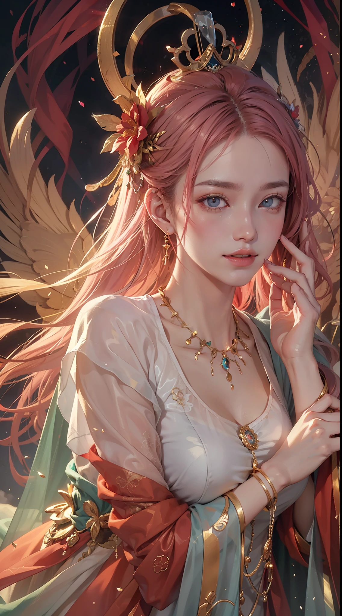 Realistic, (巨作, Top quality, Best quality, Art officiel, Beautiful and aesthetic:1.2), intensely detailed，s fractal art，rich colour，Most detailed，dynamic angle，（Fairy on the clouds）1 god girl，The Queen，Light pink hair，a Mandala，Bright eye，Hair combed back, happy tears，Normal fine palms，Detailed hand details，Don't have extra fingers， hime cut, Light smile, Glowing eyes, upturned eyes, long eyelash，hair flower, hair ornament，glaring，White translucent robe，Open cloth，fromabove