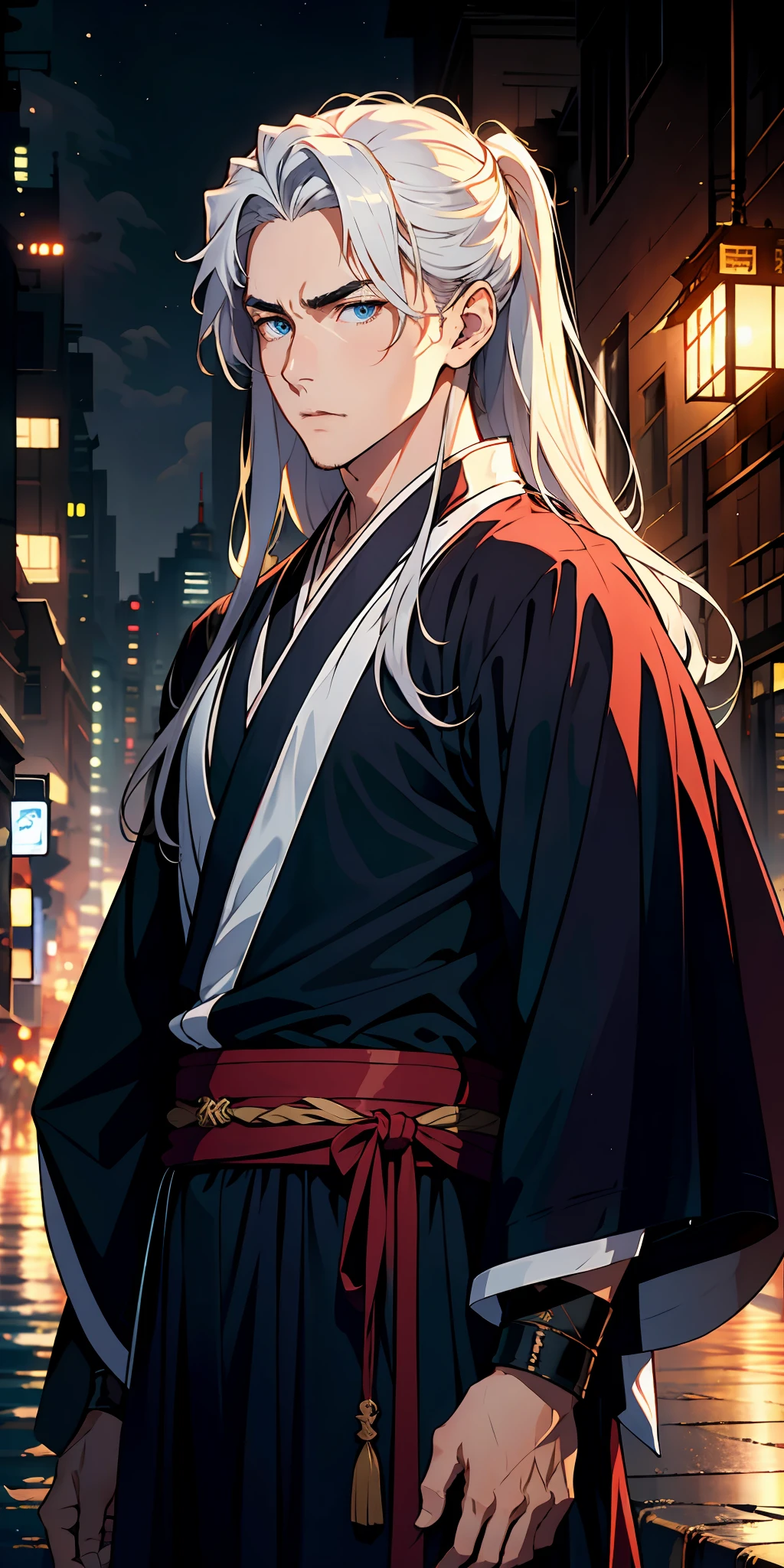 A 25-year-old man，Nice blue eyes，White long hair，serious，Raise an eyebrow， (Hanfu), sidelighting, Stars, Cityscape, Armageddon，Masterpiece of the best quality，8K，intensely detailed，hight quality，highly resolution