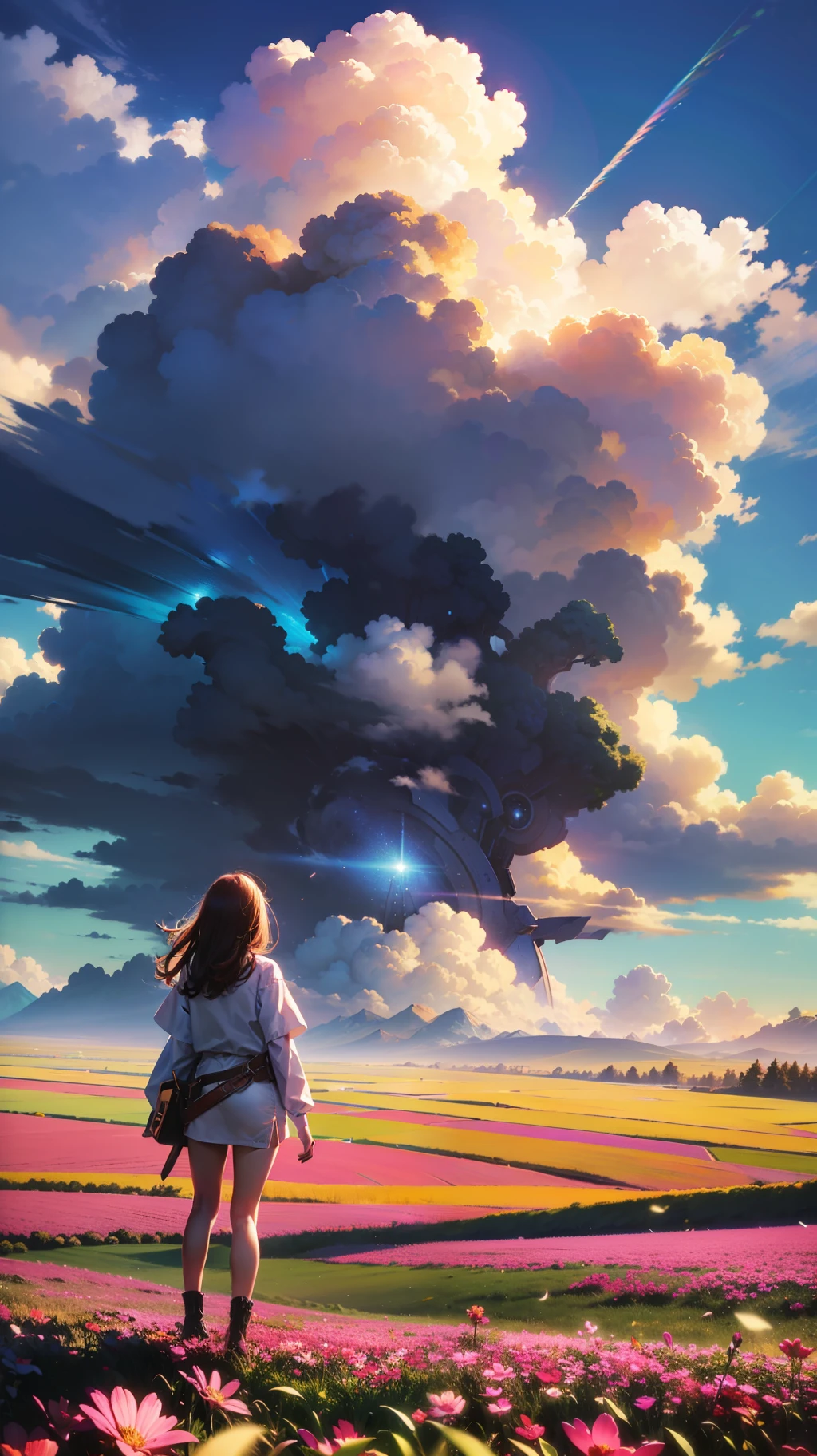 expansive landscape photograph , (a view from below that shows sky above and open field below), a girl standing on flower field looking up, bright sunny day (clouds:1.2), distant mountain, tree BREAK
production art, lot of purple and orange, intricate details, volumetric lighting, realism BREAK
(masterpiece:1.2), detailed shadows, (best quality), 4k, ultra-detailed, (dynamic composition:1.4), highly detailed, colorful details,( iridescent colors:1.2), (glowing lighting, atmospheric lighting), dreamy, magical, (solo:1.2)