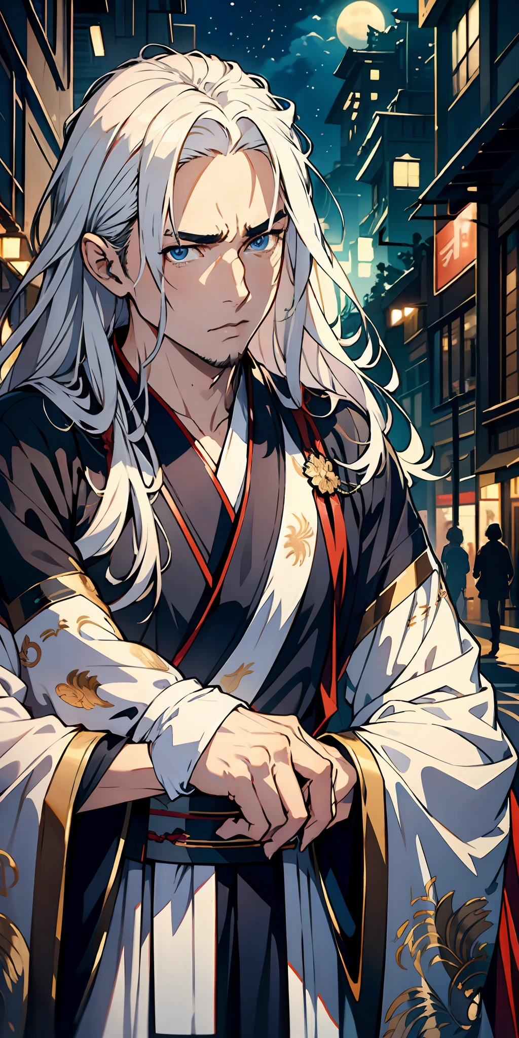 A 25-year-old man，Nice blue eyes，White long hair，Serious，Raise an eyebrow， (Hanfu), sidelighting, Stars, Cityscape, Armageddon，Masterpiece of the best quality，8K，intensely detailed，hight quality，highly resolution