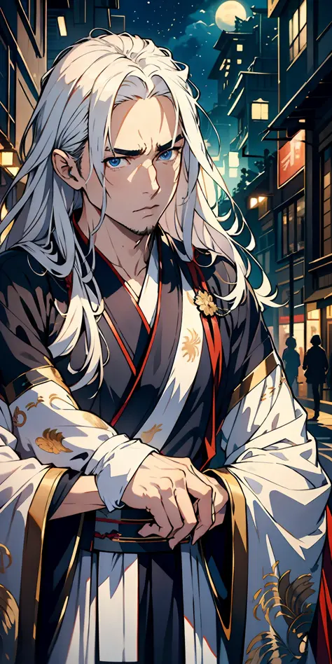 a 25-year-old man，nice blue eyes，white long hair，serious，raise an eyebrow， (hanfu), sidelighting, stars, cityscape, armageddon，m...