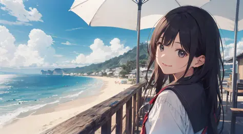 (Top  Quality:1.5)、(ultra detaild:1.5)、(Highest quality photos:1.5)、Beautiful schoolgirl、Very cute、Beautiful sea、Horizon、Summer sky、Into the cloud、beach、One person、Staring at the clouds、Radiant smile、