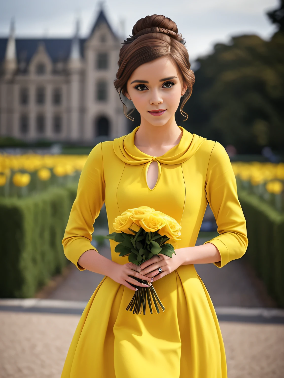 Emma Watson，photo of Carmd a beautiful princess wearing a yellow gown, （elegantly，Nice face），Curls，（Cheeky smile：0.8），Pale skin，（Intricate details，finely detailled，ultra detaile），(BelleWaifu:1), surprised, kawaii, Cute pose, look  at  viewer, Thick thighs, (long dress in yellow:1.4), (hair in top bun, headware) :d, curvy build, (holding a red rose:1), (Realistic:1.2), (Realism), (Masterpiece:1.2), (Best quality), (ultra-detailed detailed), (8k, 4K, Complex),(full body shots:1),(cow-boy shot:1.2), (85mm),Light particles, Lighting, (Highly detailed:1.2),(detailed face:1.2), (gradients), sf, Colorful,(detailed eyes:1.2), (detailed ladscape, garden, botanic, Castle:1.2),(Detailed background),detailed landscape, (dynamic angle:1.2), (dynamic pose:1.2), (rule of third_composition:1.3), (Line of action:1.2), wideshot, day light, solo,