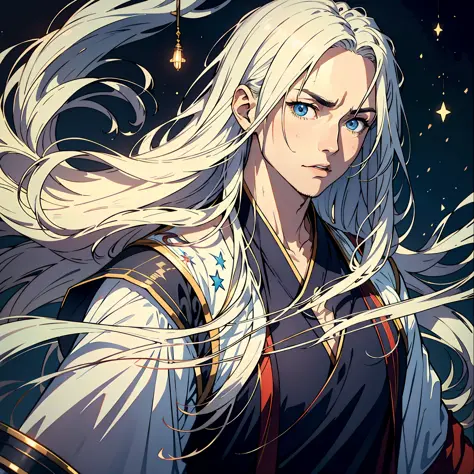 a 25-year-old man，nice blue eyes，white long hair，serious，raise an eyebrow， (hanfu), sidelighting, stars, cityscape, armageddon，m...