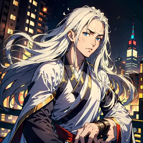 a 25-year-old man，nice blue eyes，white long hair，serious，raise an eyebrow， (hanfu), sidelighting, stars, cityscape, armageddon，m...