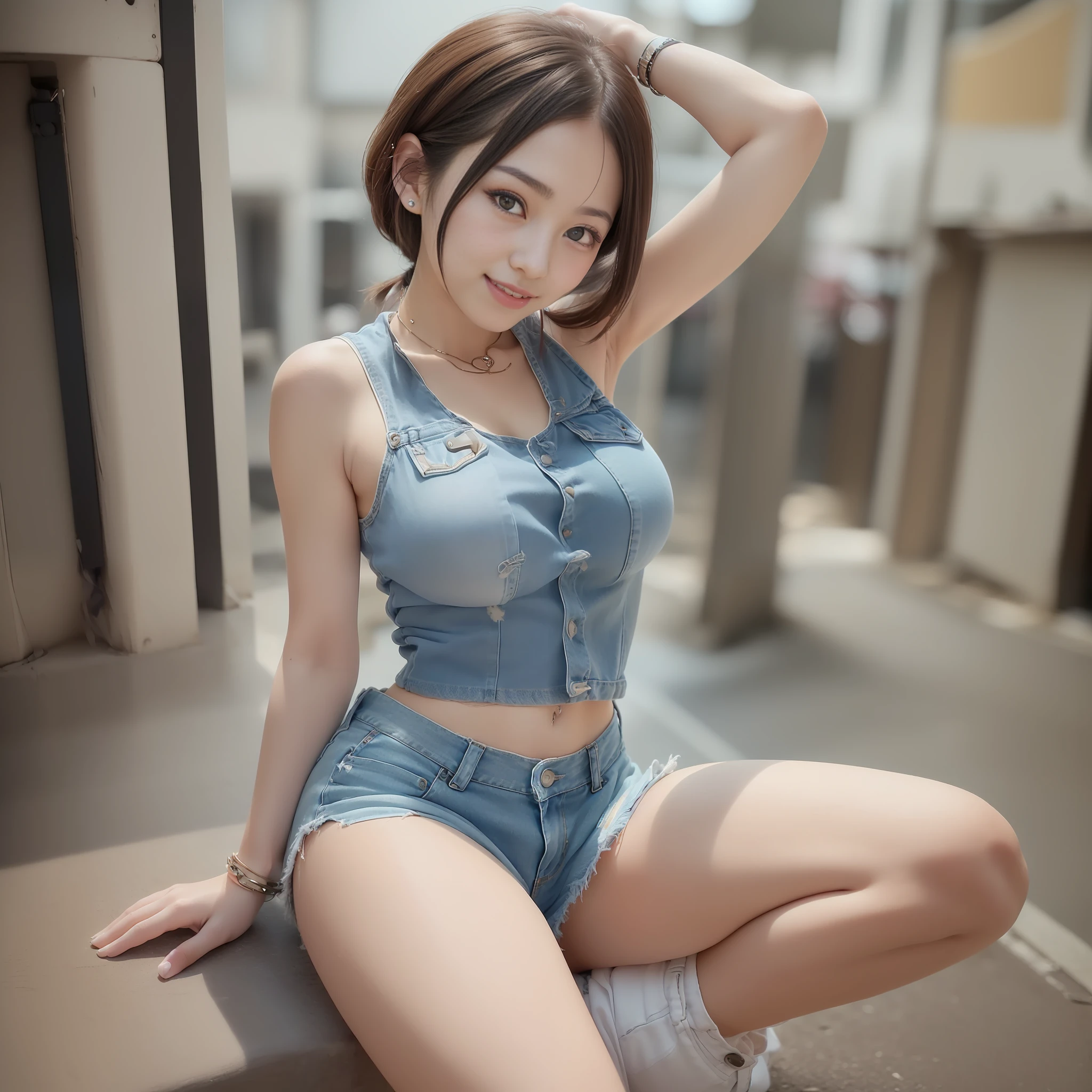 (in 8K、Top  Quality、巨作:1.2)、(Realstic、photorealestic:1.37)、(phisically-based render、Emphasis on balance）、Very delicate and beautiful Japan girls、Beautiful girl in perfect style、1 woman、Full body image、A full body shot、(Photograph from the top of the head to the toes）、A face that remains young、Round face、Detachment、Wide forehead、Looking at the camera、smile on face、A slight smile、、HugeBoobs、thin-waist、Small buttocks、Fashionable、White sleeveless、(hotpants、denim、damage、cut-off)、piercings、A bracelet、