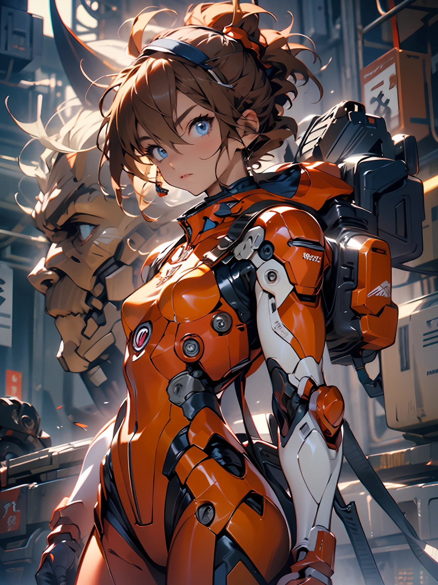 Asuka Langley Soryu，blaue Augen，Haare zwischen den Augen，Kopfbedeckungen，Schnittstelle Headset，Rote Haare，kampf kostüm，Aktionspose，Mecha-Mädchen，Mechanisch， Maschinenpanzerung，   scherenschnitte， Oberkörper，   Kopfbedeckungen， technologischer Hintergrund，Albumcover，