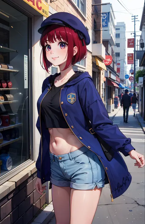 1girl, arima kana, hat, blue headwear, beret, blunt bangs, jacket, short jeans pants, short pants, crop top, show stomach, city ...