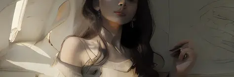 Instagram selfie-style realistic photos、She is illuminated by the sunset light coming in through the window。Young Japan woman with Leonardo da Vinci sketch in the background、Beautiful black hair、Top  Quality, Realstic, photorealestic, Top  Quality, 巨作, ext...