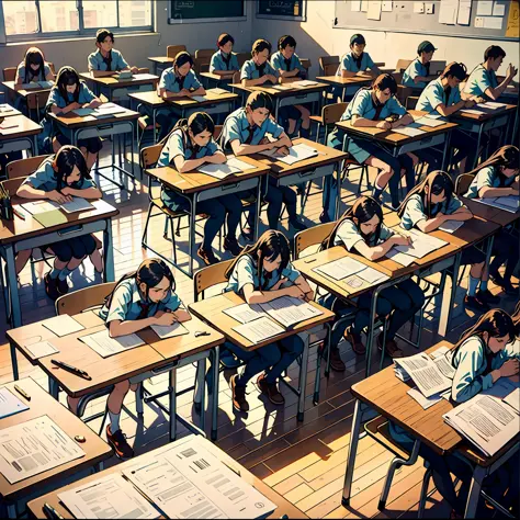 schools，school room，the class of 17-year-old boys and girls made their seats，sleep with your head on your desk，painful expressio...