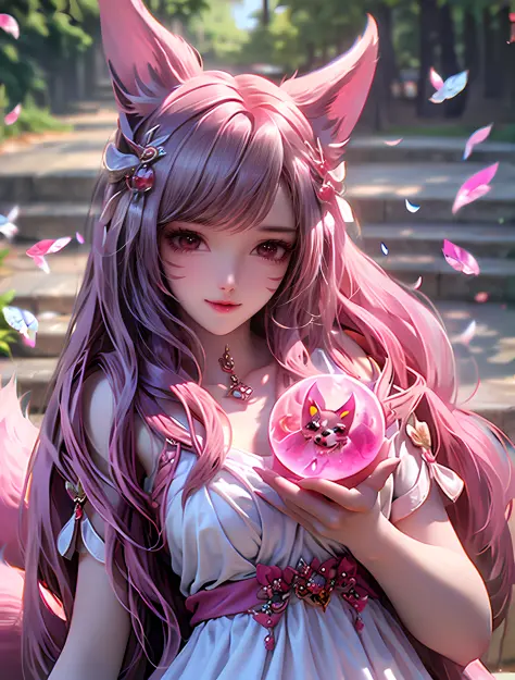 A tanuki is the image of a nine-tailed demon fox，Known for her unique appearance and charm。She has long pink hair、Big eyes and e...