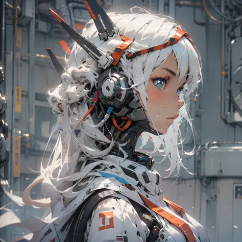 machinery, Mecha, 1girl, solo, from side, long hair, profile, upper body, science fiction, closed mouth, white hair, headgear, T...