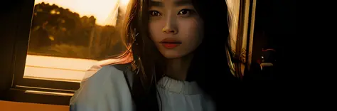There is half body of intelligent Japan young woman illuminated by the light of the setting sun、Only half of her face is visible...