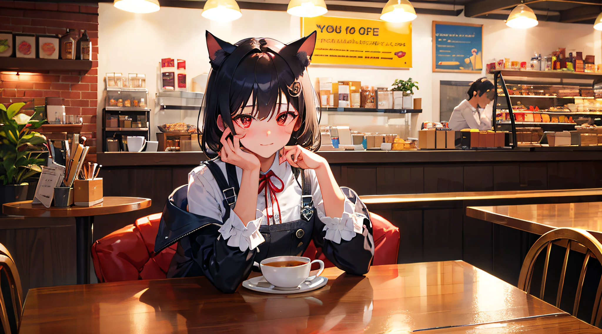 (masterpiece), (best quality), (intricate_details:1.1), (finely detailed:1.4), (distinct_image:1.2), (cafe background), solo girl, cute, (face focus), shiny red eyes/black hair, cat ears, vine, smooth lighting, shirt,